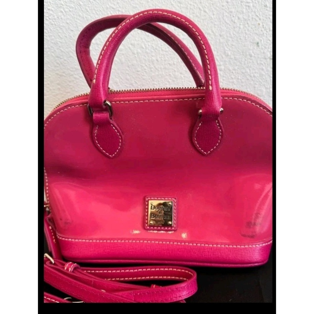 Dooney & Bourke Domed Satchel Hot Pink Patent Leather Natural Trim Zip Closure - Picture 4 of 16